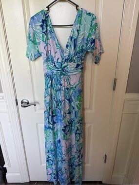 Lilly Pulitzer Blue, Green & Pink Floral Wrap maxi Dress